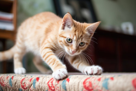 playful kitten, batting and pouncing on fuzzy toy, created with generative aiの素材