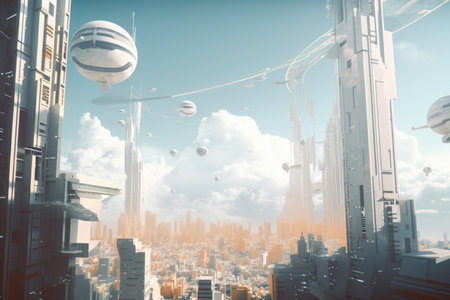 a futuristic city built using geometric shapes, with towering skyscrapers and flying vehicles, created with generative aiの素材