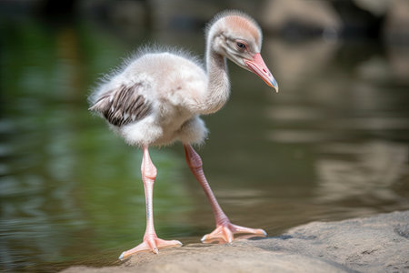 baby flamingo standing on one leg in a pond, created with generative aiの素材