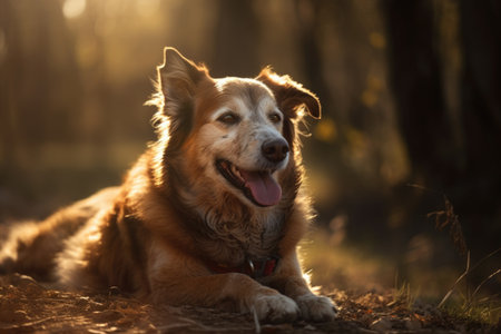 portrait of happy dog with its tongue hanging out, lying in patch of sunlight, created with generative aiの素材