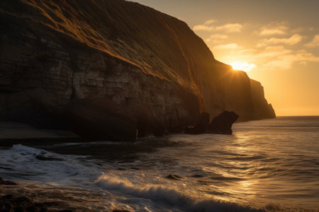 sun setting over coastal cliffs, casting golden light and shadows, created with generative aiの素材
