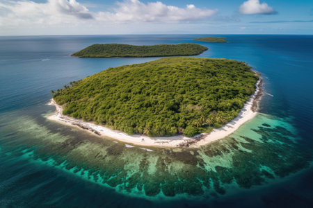 aerial view of remote island surrounded by crystal clear waters and white sand beaches, created with generative aiの素材
