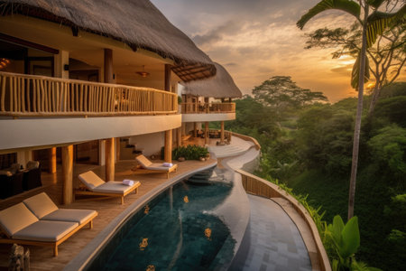 luxury eco-friendly resort, with private infinity pool, outdoor seating & in-room amenities, created with generative aiの素材