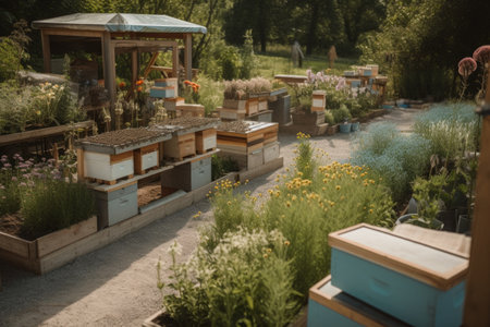 pollinator garden with beekeeping equipment, including hives and honey jars, created with generative aiの素材