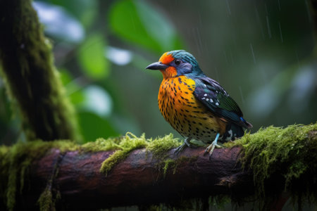 amazinnig bird, with view of lush rainforest, on tree branch, created with generative aiの素材