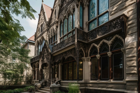 neogothic exterior with intricate woodwork and stained glass windows, created with generative aiの素材