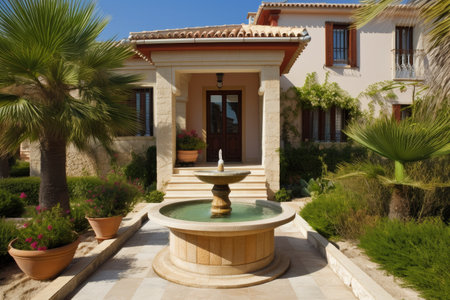 mediterrenean villa exterior with front garden and water feature, created with generative aiの素材