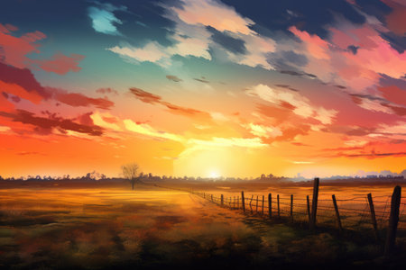 rural background with view of sunrise or sunset, featuring colorful sky and clouds, created with generative aiの素材