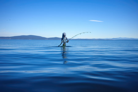 alien with fishing rod, casting its line into calm blue waters, created with generative aiの素材