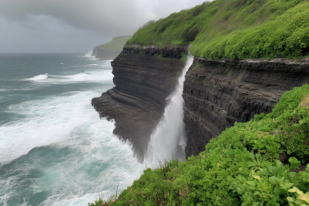 cliff face with waves crashing against the rocks below, surrounded by lush greenery, created with generative aiの素材