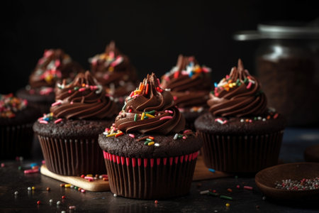 stack of chocolate cupcakes, decorated with swirls of frosting and sprinkles, created with generative aiの素材