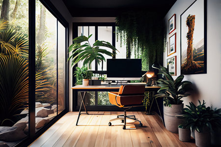 office with tropical plants, providing a serene and peaceful atmosphere, created with generative aiの素材