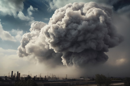 toxic cloud of pollution hanging over factory, with visible effects on the environment, created with generative aiの素材