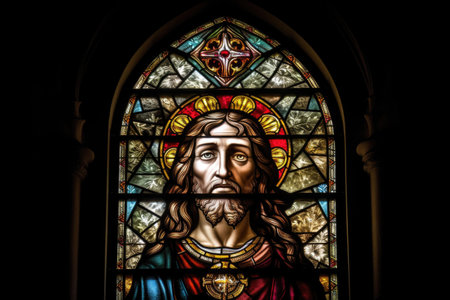 stained glass window, featuring the face of jesus, in a medieval church, created with generative aiの素材