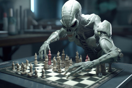 alien playing game of chess, with pieces in hand, created with generative aiの素材