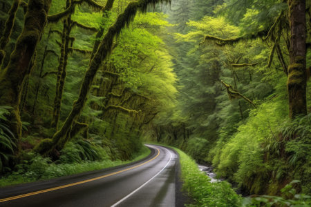 scenic highway winding through lush forest, with towering trees and rushing water, created with generative aiの素材