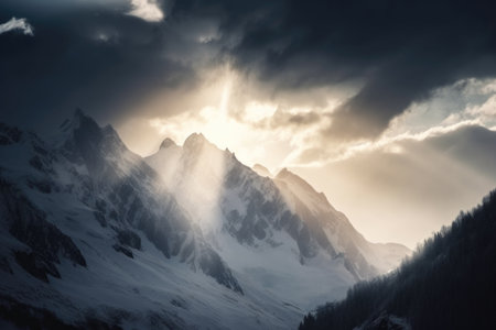 appealing view of snowy mountain peak, with the sun shining through the clouds, created with generative aiの素材