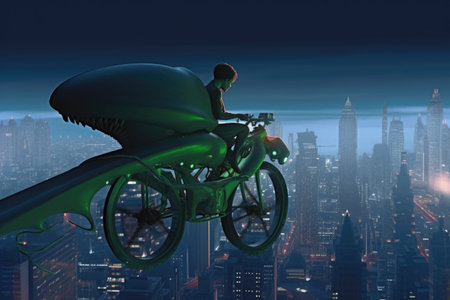 close-up of alien riding flying bike, with futuristic city in the background, created with generative aiの素材