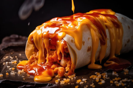 close-up of freshly made burrito with melting cheese and spicy sauce, created with generative aiの素材