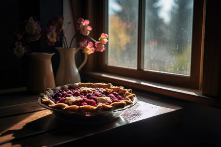 cherry pie on windowsill, with the sunlight shining through, created with generative aiの素材