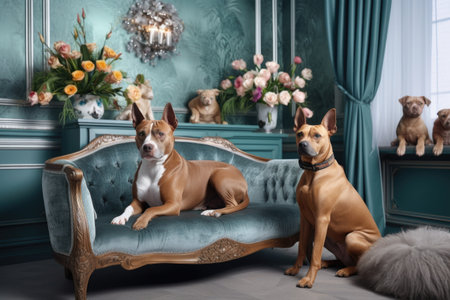 photoshoot of pampered pooches and sleek felines in luxurious interior, created with generative aiの素材