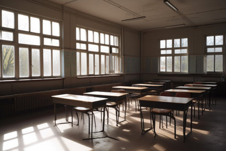 empty classroom with large windows, natural light streaming in, created with generative aiの素材