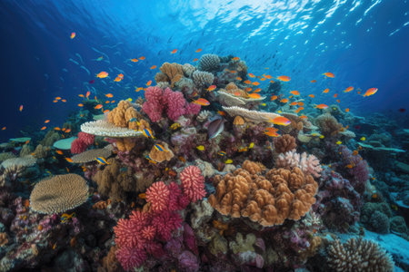coral reef with schools of brightly colored fish swimming among the corals, created with generative aiの素材