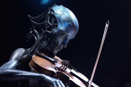 close-up of alien violinist performing at a grand concert hall, created with generative aiの素材