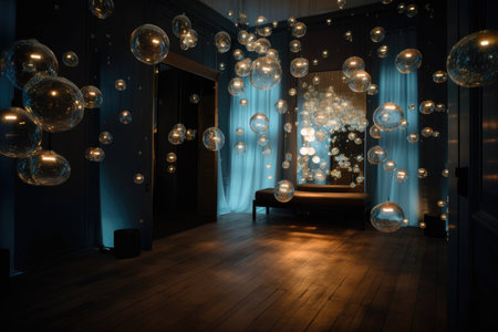 a room with floating orbs of light, creating a dreamy atmosphere, created with generative aiの素材