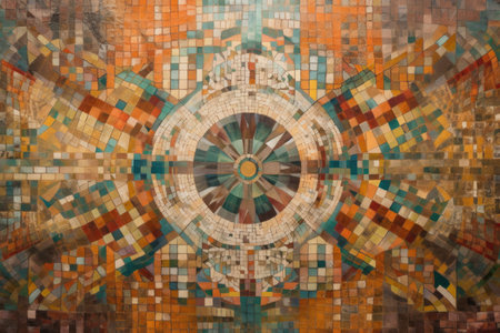 a symmetrical arrangement of shapes, colors and textures in a work of art, created with generative aiの素材