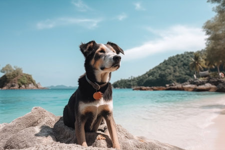 portrait of happy dog sitting on beach, surrounded by palm trees and clear blue water, created with generative aiの素材