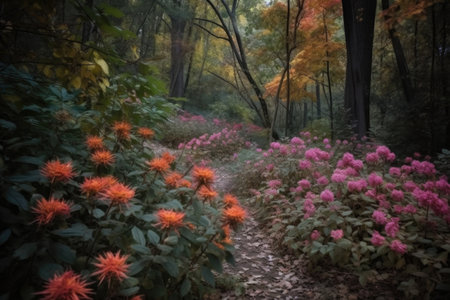 beauty of autumn forest in bloom, with colorful and fragrant flowers blooming, created with generative aiの素材