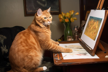 cat, with paw poised on easel and brush in paw, creating portrait of its owner, created with generative aiの素材