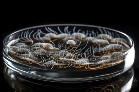 bacterial colonies growing in petri dish, with dramatic zooming and swirling, created with generative aiの素材