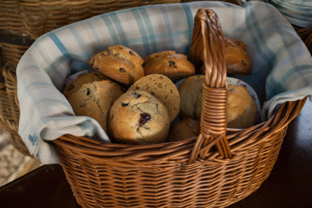 a basket of muffins and scones, ready for a tea party, created with generative aiの素材