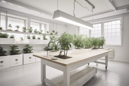 a minimalist, white-washed grow room with a sleek and functional setup, created with generative aiの素材