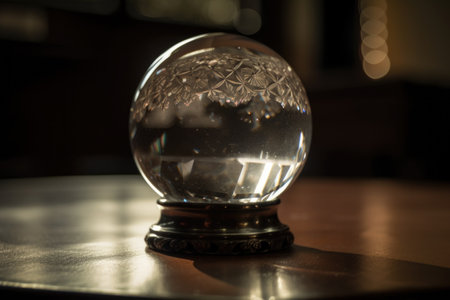 close-up of crystal ball, with light and shadows playing across the glass surface, created with generative aiの素材