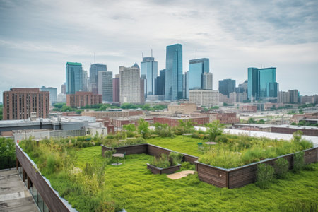green rooftop with view of the city skyline and tall buildings, created with generative aiの素材