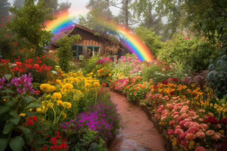 rainbow garden, with colorful flowers and plants, bringing magic into the everyday world, created with generative aiの素材