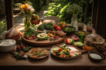 a rustic wooden table, with plates of fresh and flavorful plant-based foods for a picnic, created with generative aiの素材