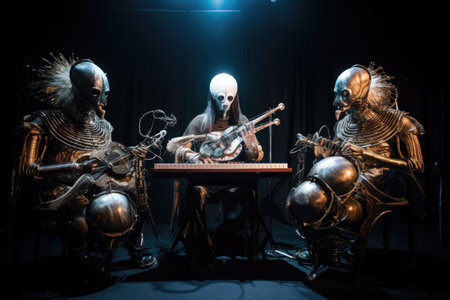 a trio of extraterrestrial musicians performing with their unique instruments, creating a heavenly soundscape, created with generative aiの素材