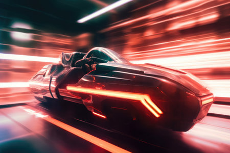 close-up of futuristic vehicle, with blurred streaks of motion and light in the background, created with generative aiの素材