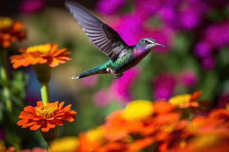 hummingbird hovering over vibrant flower garden, created with generative aiの素材