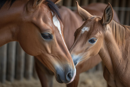 newborn foal, nuzzling its mothers side, created with generative aiの素材