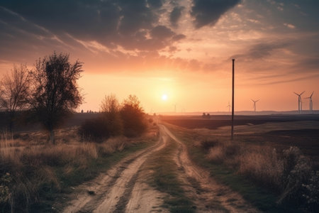rural landscape with wind turbines and sunset sky, created with generative aiの素材