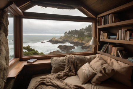 cozy reading nook with a view of the ocean, waves crashing on the rocks, created with generative aiの素材