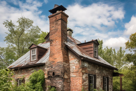old chimney, with the rustic charm of exposed brick and weathered siding, on modern metal roof, created with generative aiの素材