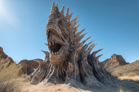 natural rock formation that resembles mythical creature, with spiny and spiked exterior, created with generative aiの素材