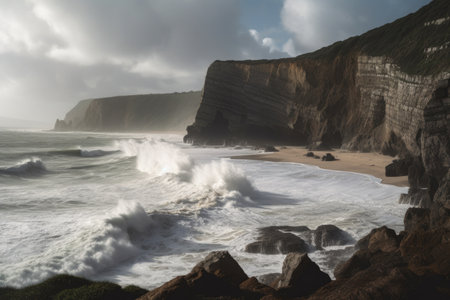 majestic coast, with towering cliffs and crashing waves against the shore, created with generative aiの素材