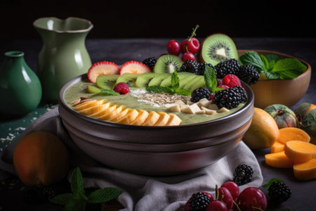 refreshing smoothie bowl with mix of fruits, veggies and herbs, created with generative aiの素材